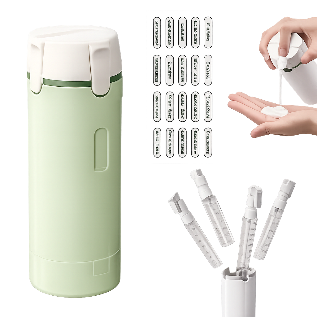 Botella de Viaje 4 en 1 Recargable para Champú, Gel y Cosméticos